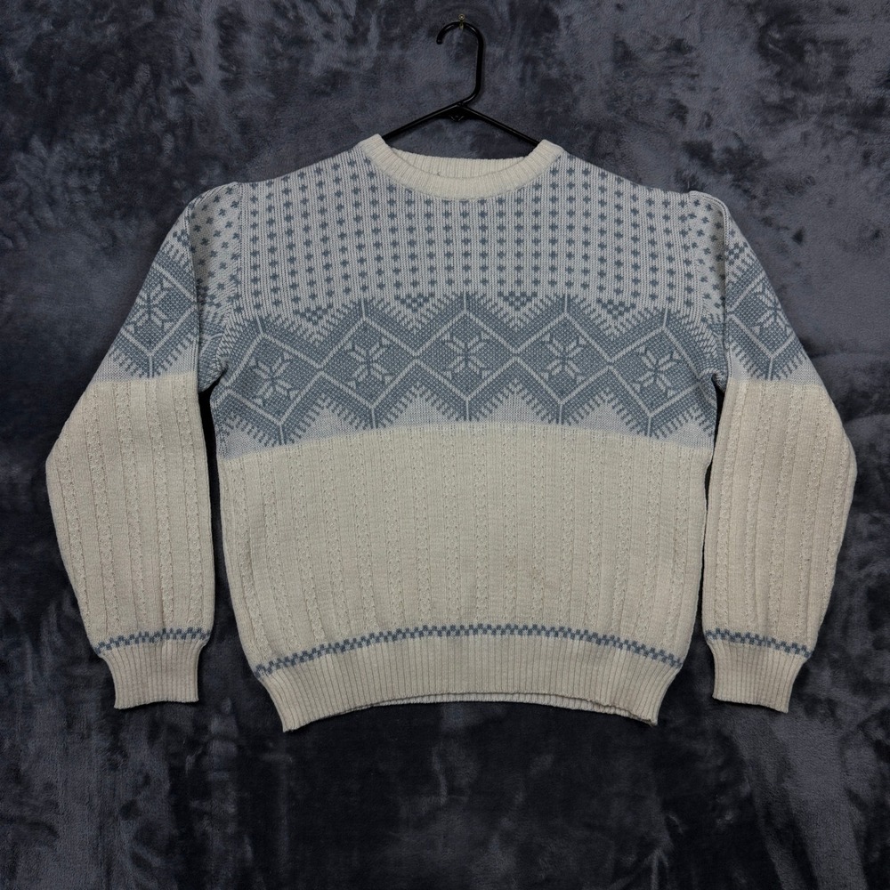 Rob Winter Sweater Mens Large Cream Blue Fair Isle Nordic Knit Vintage Acrylic